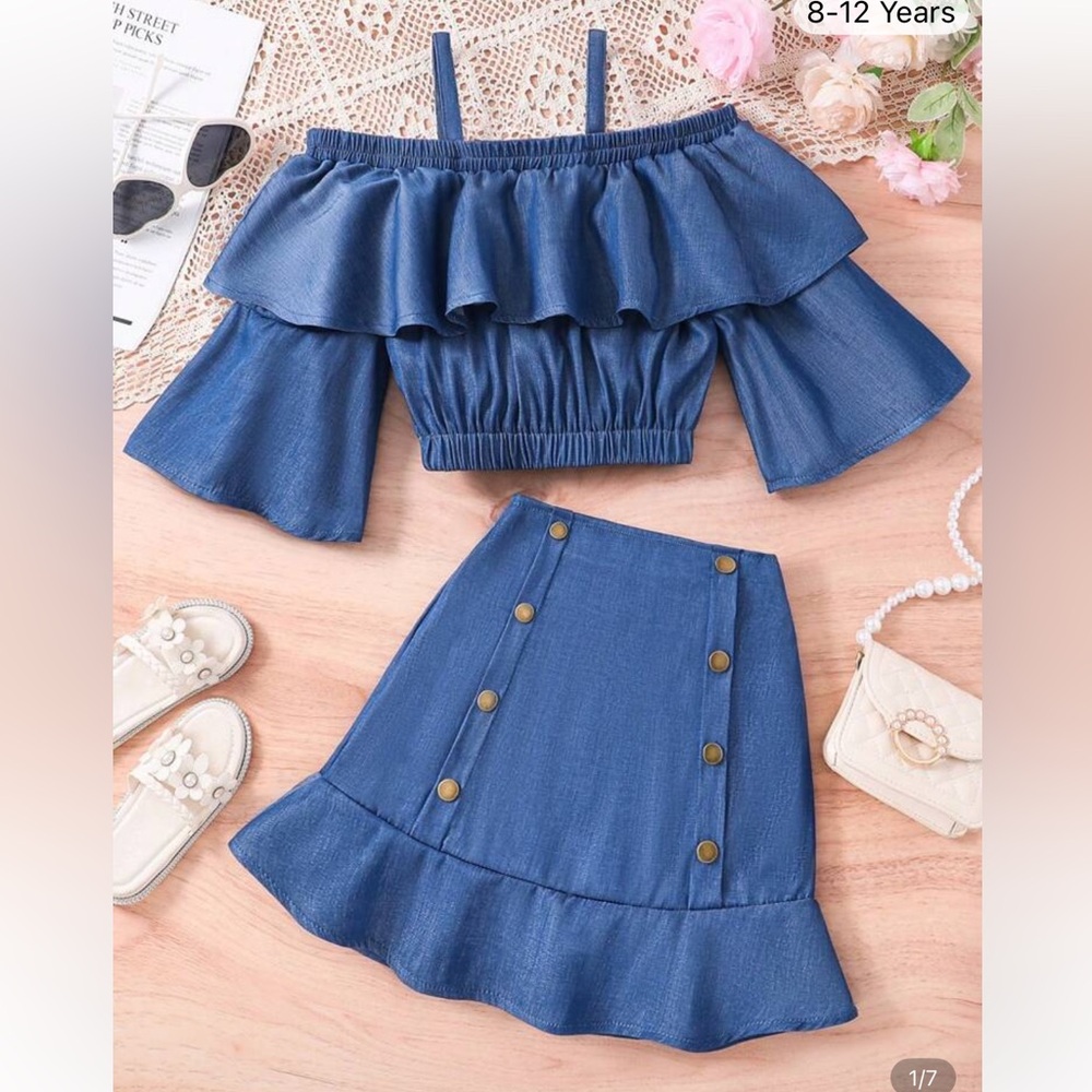 Blue Off-Shoulder Top and Skirt Set